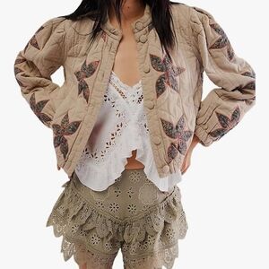 Cropped Lightweight Quilted Embroidery Flower Puffer Jacket Emb